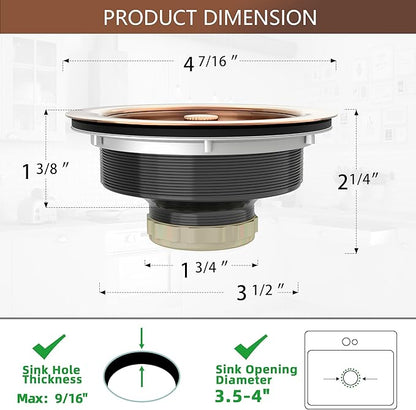 Kitchen Sink Drain Copper 3-1/2 Inch Stainless Steel Kitchen Drain Strainer Assembly Kit with Strainer Basket and Drain Stopper for Standard Sink Drains Antique Copper