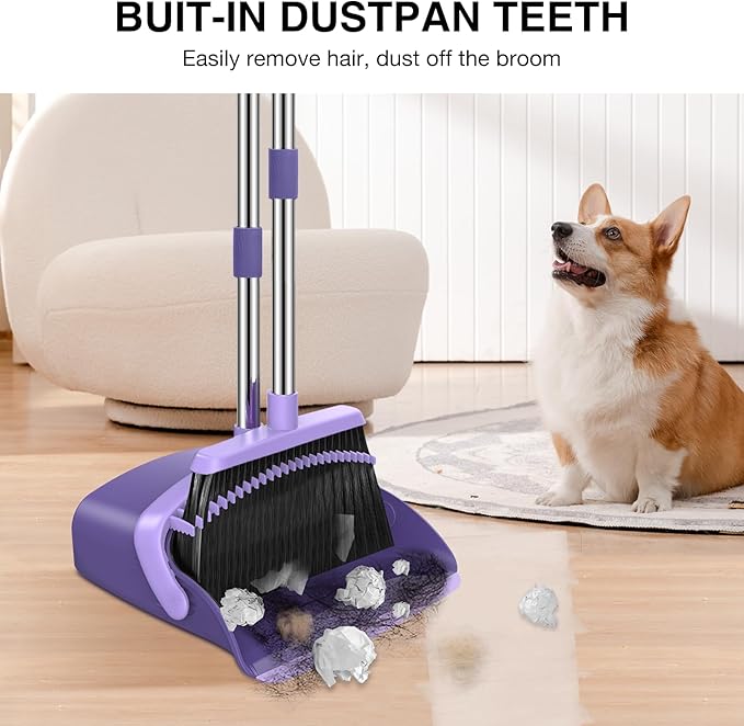NACENA Broom and Dustpan Set, 52-in Long Adjustable Handle Broom Dustpan Combo with Dustpan Teeth to Automatically Clean Hair Suitable for Home Kitchen Office Hall Floor (Purple)