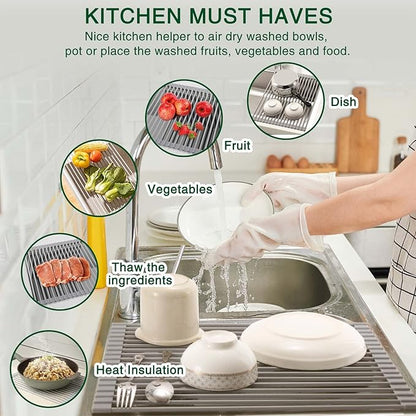 HANZENMA Roll Up Dish Drying Rack Over The Sink Kitchen Roll Up Sink Drying Rack Multipurpose Foldable Sink Drying Mat, Heat-Resistant, Anti-Slip & Anti-Rust Dish Rack for Kitchen, 20.5" x 13", Grey
