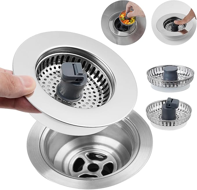 Hibbent 3 in 1 Kitchen Sink Drain Strainer, Stainless Steel Wrapped Shell Drain Stopper Combo, Pop Up Sink Stopper, 3 SUS304 Anti-Clogging Basket Strainer with Handle for US Standard 3-1/2" Drain