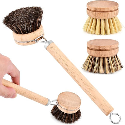 Bamboo Dish Brush with Handle, Wooden Handle with 3 Natural Bristle Heads, Natural Wood Dish Scrub Brush for Washing and Cleaning Pots and Pans
