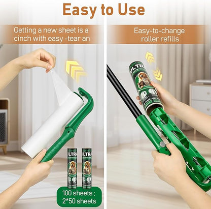 10" Large Lint Roller for Pet Hair Extra Sticky with Extra 3 Refills, Long Handle Floor Sticky Rollers with Big Lint Rollers Refills for Cleaning Carpets, Cars, Furniture