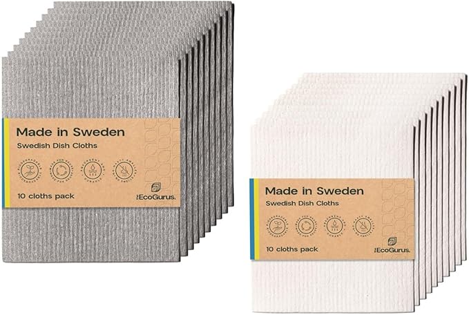 Original Swedish Dishcloth – Made in Sweden, 10 Gray + 10 White Cloths, Reusable & Biodegradable Cellulose Sponge for Kitchen, Suitable for All Surfaces, Odour-Resistant Eco Cleaning