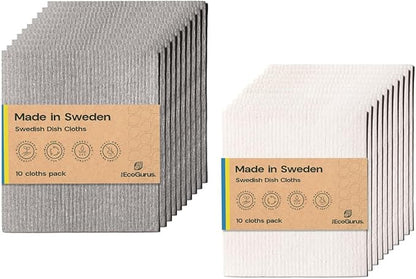 Original Swedish Dishcloth – Made in Sweden, 10 Gray + 10 White Cloths, Reusable & Biodegradable Cellulose Sponge for Kitchen, Suitable for All Surfaces, Odour-Resistant Eco Cleaning