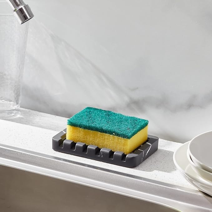 INIUNIK Self Draining Soap Dish - Marble Look Soap Holder Tray Savers Box Container Sponge Holder for Bathroom Shower Kitchen, Black