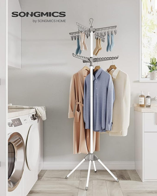 SONGMICS 2-Tier Clothes Drying Rack, 72-Inch Folding Laundry Drying Rack with 3 Rotatable Arms for Hangers, 24 Clips, Stainless Steel, for 27 Pieces of Clothes, Gray and White ULLR512G01