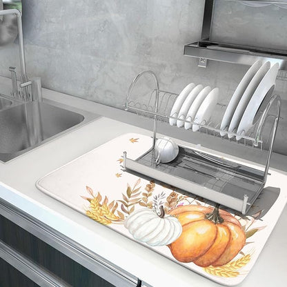 Fall Pumpkin Maple Dish Drying Mat for Kitchen Counter,Autumn Butterflies Harvest Drying Mat 18 x 24 Inch with Absorbent Reversible Microfiber Dish Drying Pad Dish Rack Drainer Mat for Coffee Bar