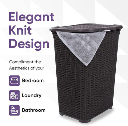 Plastic Laundry Hamper with Lid, Knit Designed Laundry Hamper Basket, 50 Liter Brown Cloths Hamper Organizer with Cut-out Handles. Space Saving for Laundry Room Bedroom Bathroom.