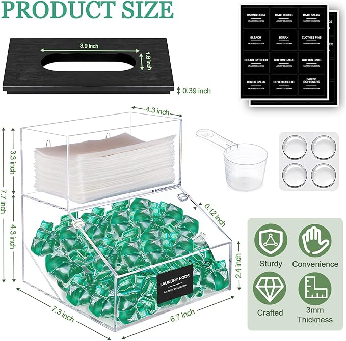 2 in 1 Dryer Sheet Holder & Laundry Pods Container, Laundry Detergent Organizer Container with Lid, Acrylic Laundry Room Organization Storage Containers with Labels, Dishwasher Pod Holder