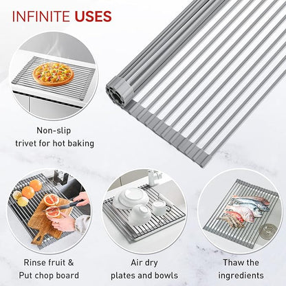 MERRYBOX Roll Up Dish Drying Rack, Silicone Wrapped Over The Sink Dish Rack Foldable Dish Drainer Anti-Slip Dish Racks for Kitchen Counter, Multipurpose Kitchen Sink Drying Rack, 18" x 13", Light Gray
