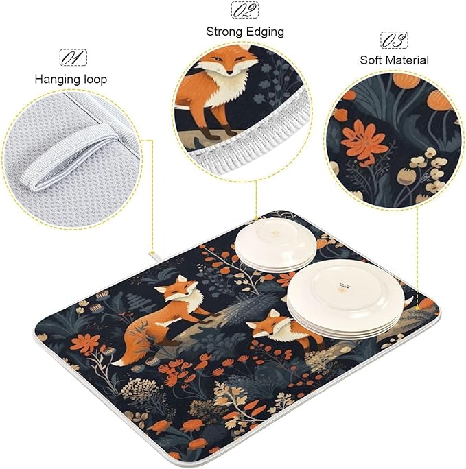 Dish Drying Mat Kitchen Counter Absorbent Two Foxes Coffee Sink Mat Dish Drainer Pad 18 Inch x 24 Inch