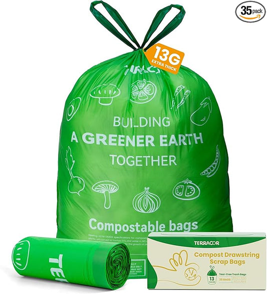 13 Gallon Compostable Trash Bags Drawstring, Heavy Duty Extra Thick 1 Mil, 35 Bags, Tall Kitchen Food Scrap Waste Bag, ASTM D6400