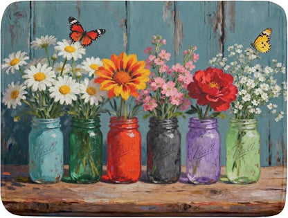 Spring Summer Floral Dish Drying Mat for Kitchen Counter 18x24 Flower Bottle Butterfly Woodgrain Seasonal Absorbent Reversible Microfiber Drying Mats Kitchen Countertop Protector Dishes Drainer Pad