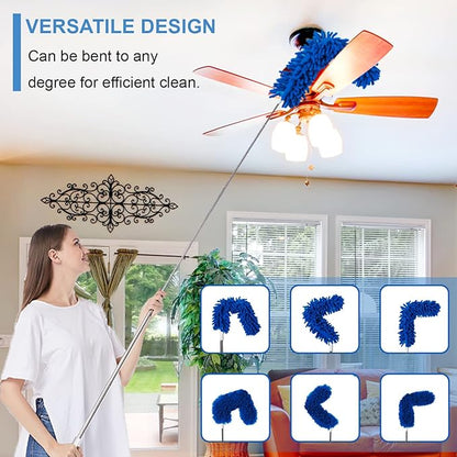 Upgraded Dusters for Cleaning (6pcs), Ceiling Fan Duster with 100" Thickened Extension Pole, Extendable Long Microfiber Duster for High Ceilings, Reusable & Washable Dusting Wand by OOSOFITT Blue