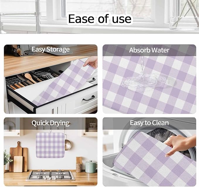 Dish Drying Mat Lavender Buffalo Check Plaid Drying Mats for Kitchen Counter Farmhouse Style Absorbent Microfiber Dish Drainer Quick Drying Coffee Mat with Hanging Loop, 16 x18 inch