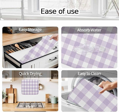 Dish Drying Mat Lavender Buffalo Check Plaid Drying Mats for Kitchen Counter Farmhouse Style Absorbent Microfiber Dish Drainer Quick Drying Coffee Mat with Hanging Loop, 16 x18 inch