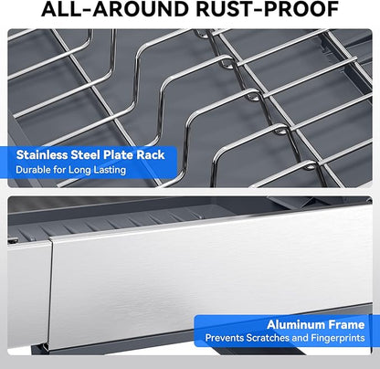 Urackify Expandable Dish Drying Rack, Stainless Steel Dish Rack with Aluminum Frame, Dish Drainer for Kitchen Counter, Space Saving Kitchen Drying Rack with Movable Utensil Holder, Gray