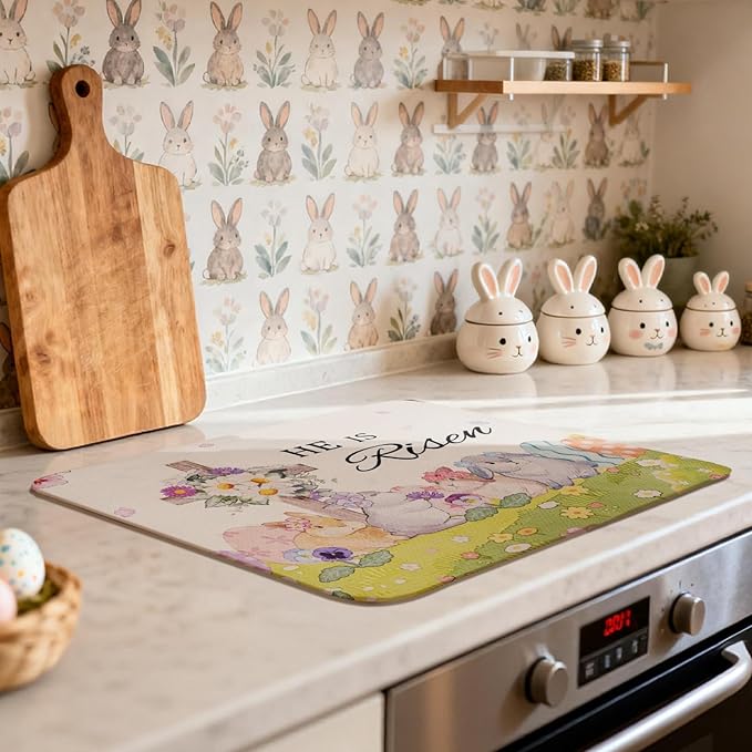 Easter Dish Drying Mat, Ultra Absorbent Easter Drying Mat for Kitchen Counter, Coffee Maker, 18 x 24 Inch