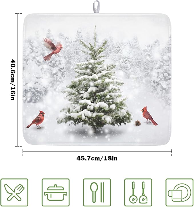 Winter Forest Dish Drying Mat for Kitchen Counter Silvery White Pine Trees Snow Snowflake Drying Mat 16x18 Inch Holiday Absorbent Dish Drainer Mat Kitchen Accessories