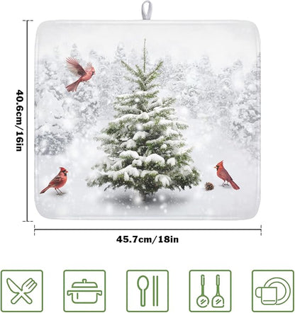 Winter Forest Dish Drying Mat for Kitchen Counter Silvery White Pine Trees Snow Snowflake Drying Mat 16x18 Inch Holiday Absorbent Dish Drainer Mat Kitchen Accessories