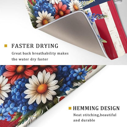 4th of July Patriotic Flower Dish Drying Mat for Kitchen Counter,American Flag Independence Day Drying Mat 18 x 24 Inch with High Absorbent Microfiber Drainer Mat for Coffee Bar
