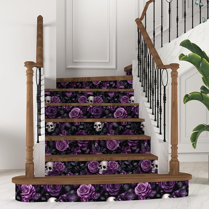 Black Purple Wallpaper Peel and Stick, Dark Floral Skull Contact Paper 17.5" x 393.7", Vintage Rose Gothic Flowers Wall Paper Self Adhesive Waterproof Removable for Bathroom Cabinet Drawer Table Decor
