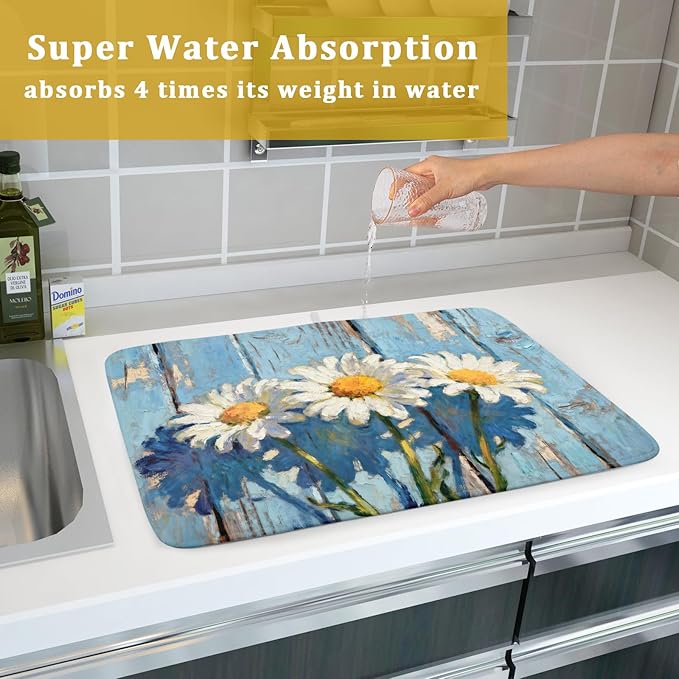 Daisy Floral Dish Drying Mat for Kitchen Counter 18x24 Spring Summer Theme Woodgrain White Flower Seasonal Absorbent Reversible Microfiber Drying Mats Kitchen Countertop Protector Dishes Drainer Pad
