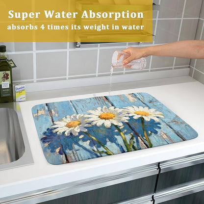 Daisy Floral Dish Drying Mat for Kitchen Counter 18x24 Spring Summer Theme Woodgrain White Flower Seasonal Absorbent Reversible Microfiber Drying Mats Kitchen Countertop Protector Dishes Drainer Pad
