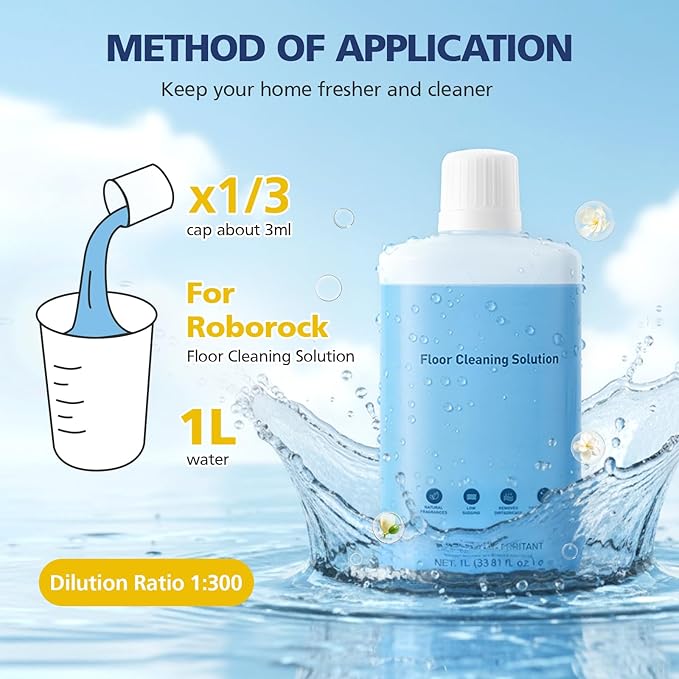 Floor Cleaning Solution Compatible with Roborock Robot Vacuums & Wet Dry Vacuums, Deep Cleaning Formula for Hardwood, Tile & Laminate Floors, Gentle and Powerful, 1L (33.8 fl oz)