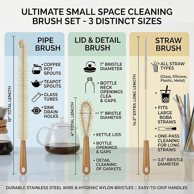 ALINK Extra Large Long Bottle Brush Set - 16" / 15" Long Bamboo Handle Bottle Cleaner for Narrow Neck Beer Wine Bottles, Decanter, Tumblers, Thermos, Jugs with Straw Brush, Kettle Spout/Lid Brush