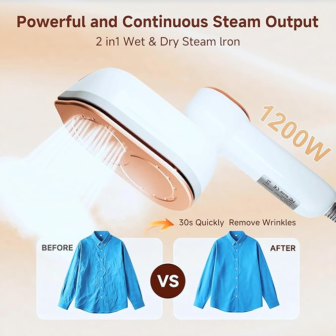 Travel Steamer, Steamer for Clothes, 1200W Clothes Steamer with 10-Second Fast Heat Up, LED Display and 180° Rotatable Handle, Ceramic Soleplate for Travel Home and Office