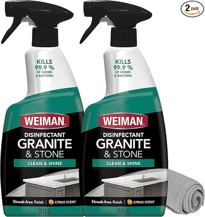 Weiman Disinfectant Granite Daily Clean & Shine (2 Pack with Polishing Cloth) Safely Clean Disinfect and Shine Granite Marble Soapstone Quartz Quartzite Slate Limestone Corian Laminate Tile Countertop