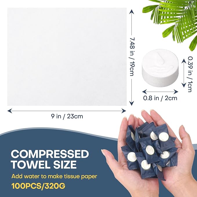 Disposable Face Towel 100 Count Compressed Towel Tablets Individually Wrapped 9×7.5 Inch Portable Washcloths Compact Cloths for Travel Hiking Camping Gym Fitness Outdoor Gear Hotel Stay (Blue)