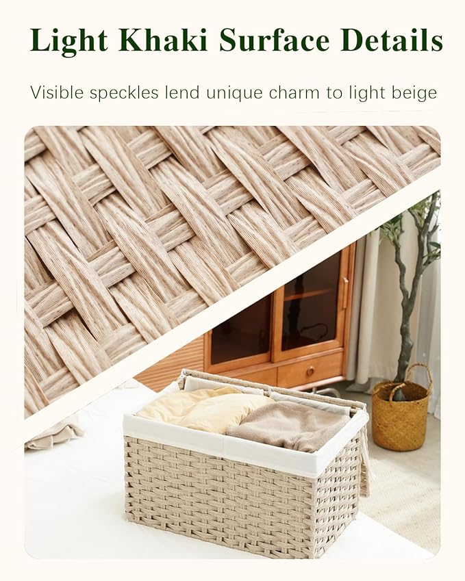 Storage Basket with Lid Rattan Woven Storage Baskets with 2 Separate Lids, 17.2 Gallon (65 L) Wicker Storage Bins Foldable 2 Removable Liner Bags Handles for Bedroom, Laundry Room Light Khaki