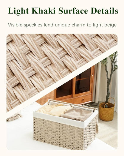 Storage Basket with Lid Rattan Woven Storage Baskets with 2 Separate Lids, 17.2 Gallon (65 L) Wicker Storage Bins Foldable 2 Removable Liner Bags Handles for Bedroom, Laundry Room Light Khaki
