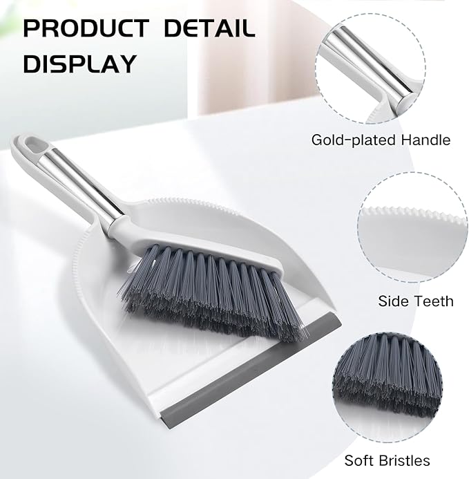 NACENA Mini Broom and Dustpan Set 2 Packs, Small Dust Pan and Brush Set with Handle Dustpan Teeth for Cleaning Hair Suitable for Office Desks Drawers Sofas Pet Care Outdoor Camping, White & Gray