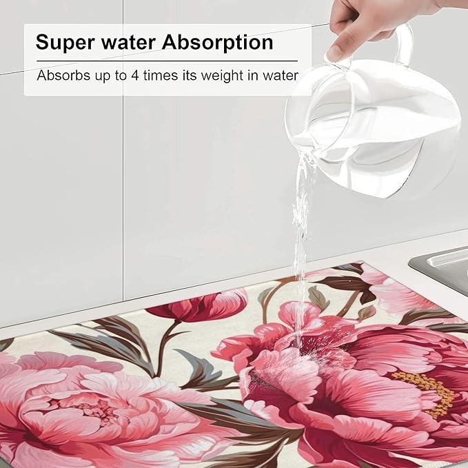 Pink Peony Dish Drying Mats for Kitchen Counter, Absorbent Reversible Microfiber Dish Drying Pad, Multi-Use Large Drying Mat Coffee Bar Accessories 18"x24"