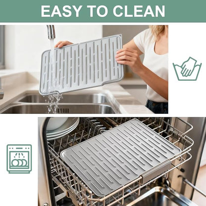 Silicone Kitchen Countertop Dish Drying Mat with Water Collection Tray Non-Slip Pad ( Grey)