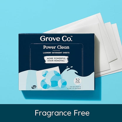 Grove Co. Laundry Detergent Sheets, Power Clean Dissolving Washer Sheets (2 Pack - 64 Loads) Tough Stain Remover, Unscented Free & Clear Formula