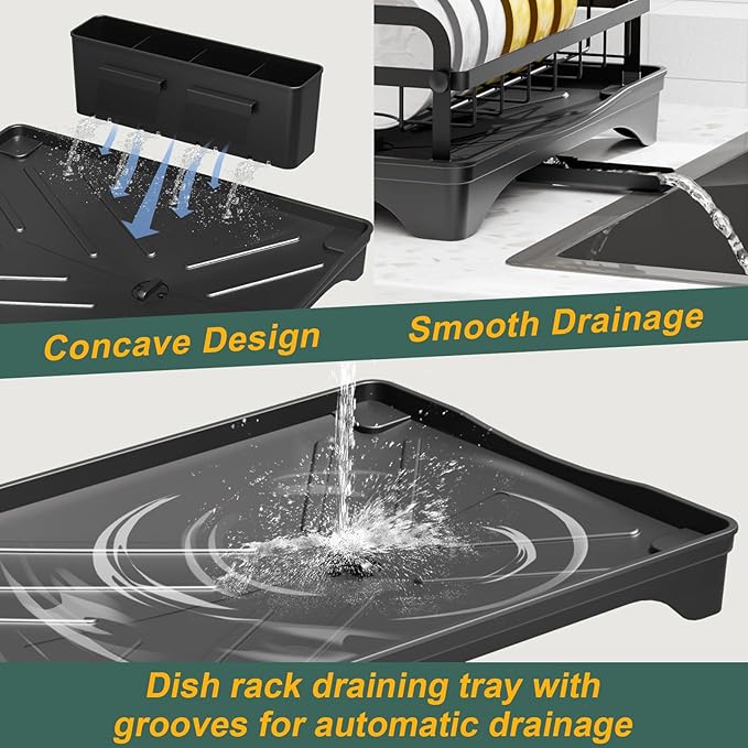 LIYI Dish Drying Rack and Sink Organiser,Removable Drainer Tray,Adjustable Spout,Easy Assembly Kitchen Drying Rack,Black