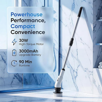 Electric Spin Scrubber, Cordless Power Scrubber for Bathroom/Shower/Tub/Tile & Grout, 7 Brush Heads, Dual-Speed, Adjustable Extension Handle, IPX7 Waterproof, USB-C Rechargeable Cleaning Tool (White)