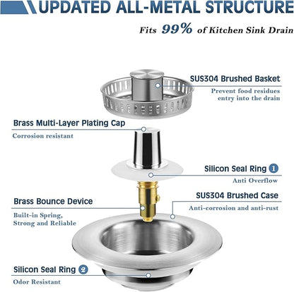 Kitchen Sink Drain Strainer 2 Pack, 304 Stainless Steel Pop Up Sink Stopper, Anti-Clogging Sink Drain Strainer for US Standard Kitchen Drain (SUS304 Brushed)