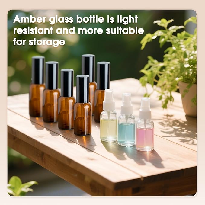 6-Pack 1oz/30ml Amber Glass Spray Bottles for Fine Mist | with 2 Extra Nozzles, Refillable Essential Oil, Toner, Hair Care & Cleaning Solutions Bottles Set | Leak-Proof, UV Protection