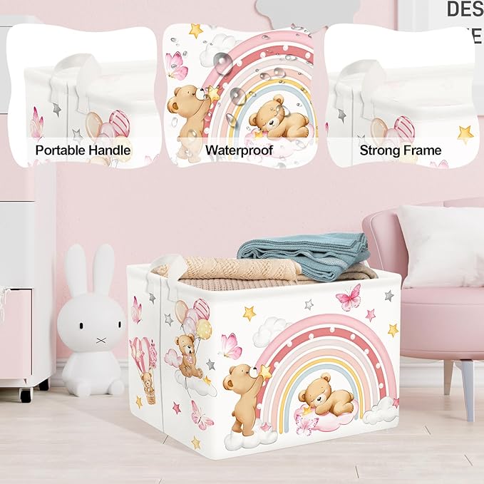 Clastyle Rainbow Baby Laundry Hamper Cloud Kid Storage Basket Women Girl Gift Toy Box Collapsible Clothes Organizer Nursery Bin for Bedroom,Bear,40 * 30 * 30 cm