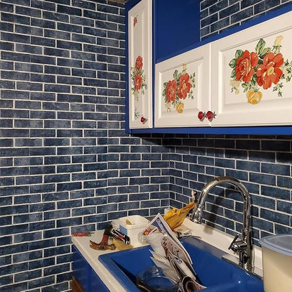 HeloHo 17.7" X 118" Blue Brick Wallpaper Peel and Stick Self-Adhesive Removable Wall Paper Brick 3D Textured Wallpaper for Kitchen Backsplash Living Room Bedroom Decor
