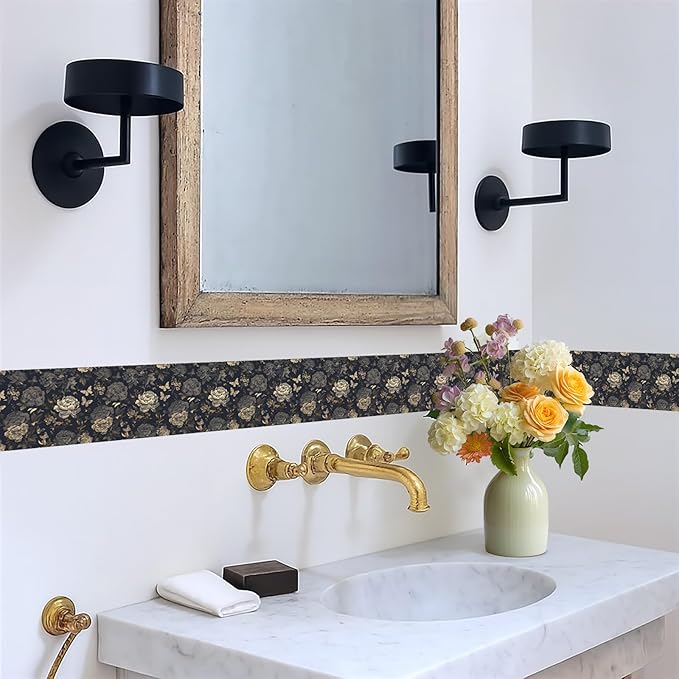 Dark Grey Vintage Floral Wallpaper Border 196x4 Inch Peel and Stick Wall Border Self Adhesive Removable Vinyl Wall Trim Elegant Rose Leaf for Kitchen Bathroom Bedroom Living Room Decor