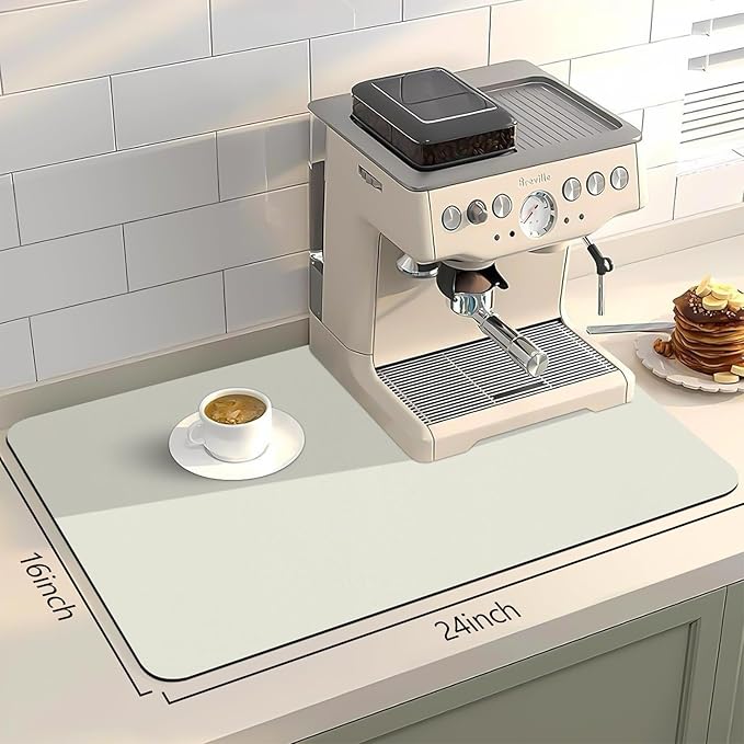 Bloss Coffee Mat / Drying Mat Off White, Absorbent / Hides Stains / Rubber Backed - Dish Drying Mat Fits Under Coffee Maker or Espresso Machine / 16.1"x24.1"