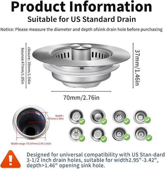 3-in-1 Kitchen Sink Drain Strainer : Pop Up Sink Stopper, 304 Stainless Steel Sink Drain Strainer, Kitchen Sink Stopper with Anti-Clogging Design, Kitchen Sink Strainer Fits US Standard 3-1/2'' Drains