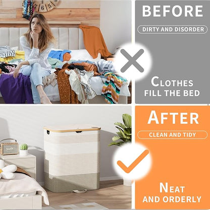 160L Double Laundry Hamper with Lid, Dirty Clothes Hamper with 2 Removable Bags, Beige Laundry Hamper 2 section with Bamboo Handles Easy to Carry for Bedroom, Bathroom, Dorm, College
