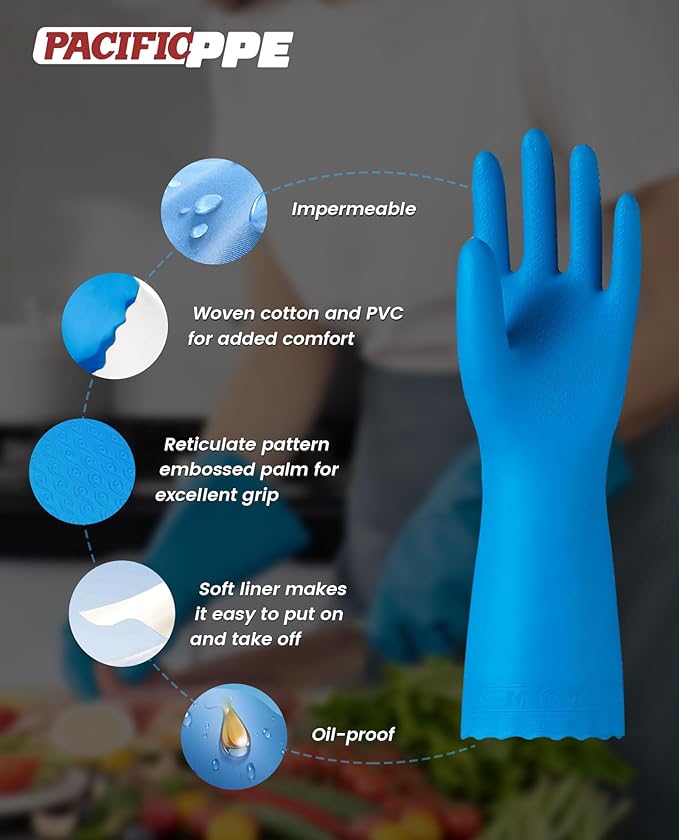 PACIFIC PPE 2 Pairs Reusable Dishwashing Cleaning Gloves with Latex Free, Cotton Lining, Kitchen Gloves, Blue, Medium